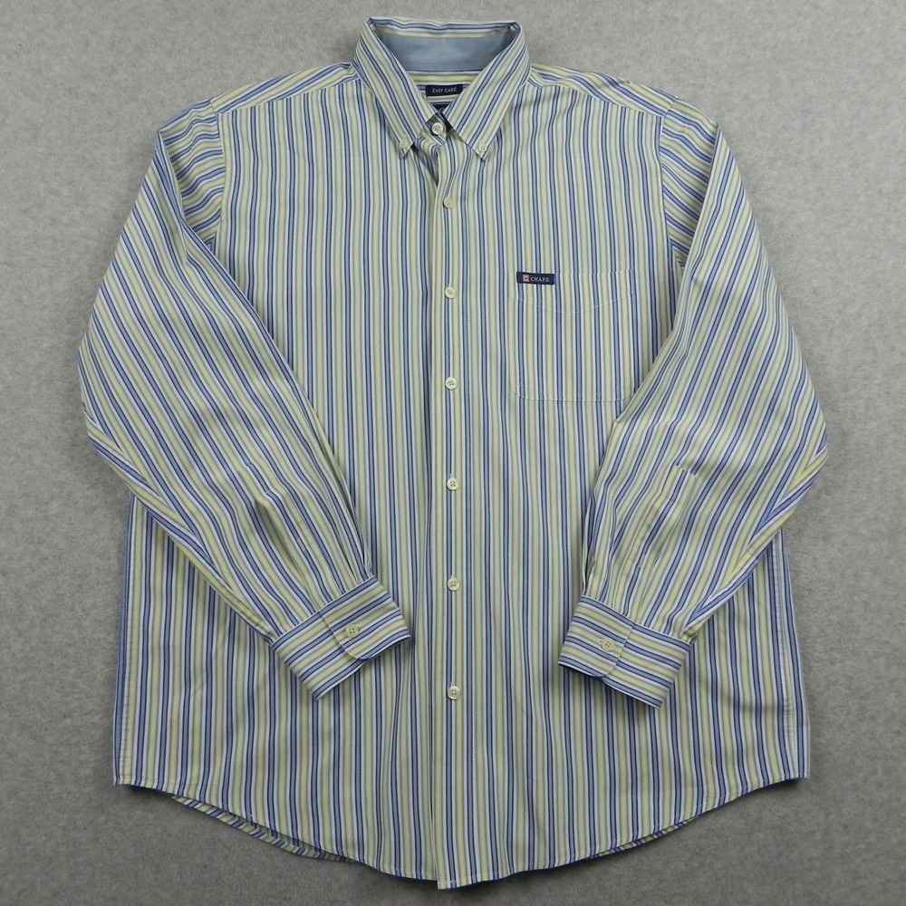 Chaps Shirt Mens Large Easy Care Button Up Blue Yellow Striped Long Sleeve